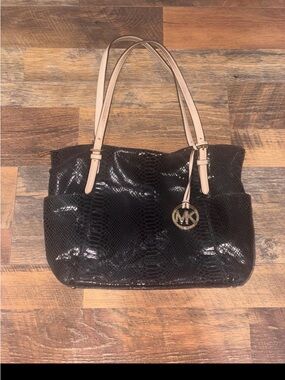Michael Kors Black Snake-Embossed Shoulder Tote with Beige Straps